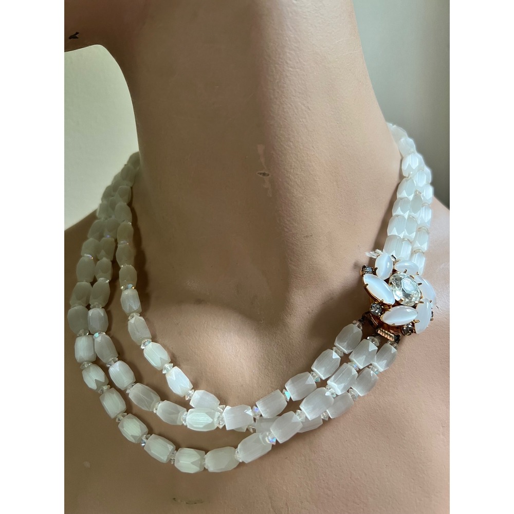 Vintage 1950s Glass 3 Strand White Moonglow Bead Necklace Rhinestone Clasp AS IS